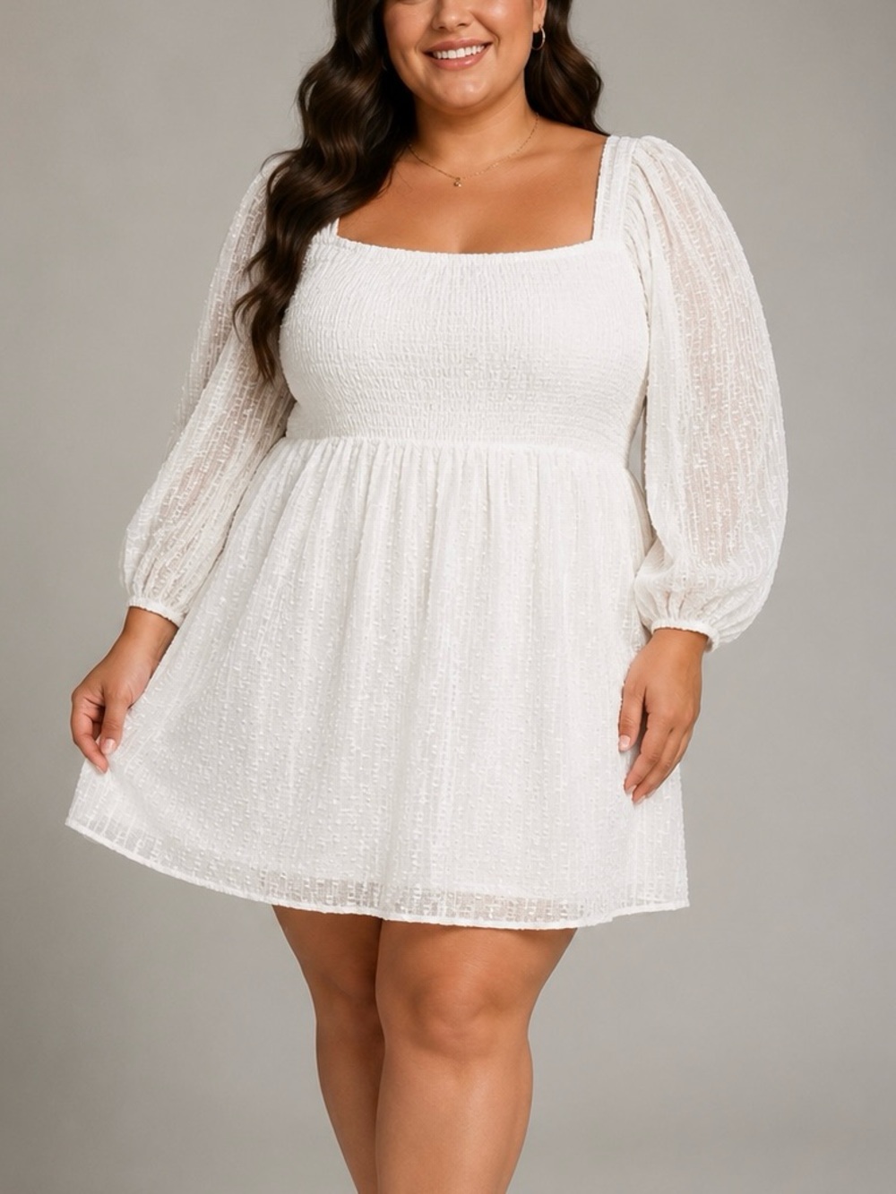 Arula Smocked Textured Long Sleeve Mini Dress White Sparkle Beautiful 2X NEW